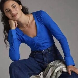Anthropologie Blue Ruched Long Sleeve Top